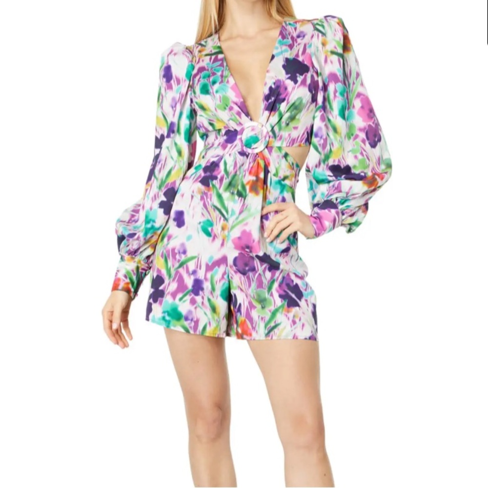 One33 Social Shorts Romper Jumpsuit Print Cut Out sz 10 Puff sleeve NWT
